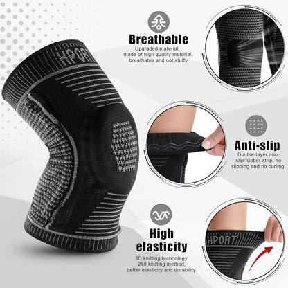 Compression Knee Brace for Men Women 2 Pack Knee Sleeves with Patella Gel Pad & Side Stabilizers, Knee Braces for Knee Support Workout Sports ACL & Arthritis Pain Relief Black (XL)