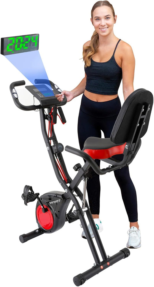 3-IN-1 Exercise Bike with Luminous Digits Display | Folding Stationary Bikes for Home Seniors | Compact Workout Bike with Fully Support Backrest - Wider Seat - 16 Level Magnetic Resistance